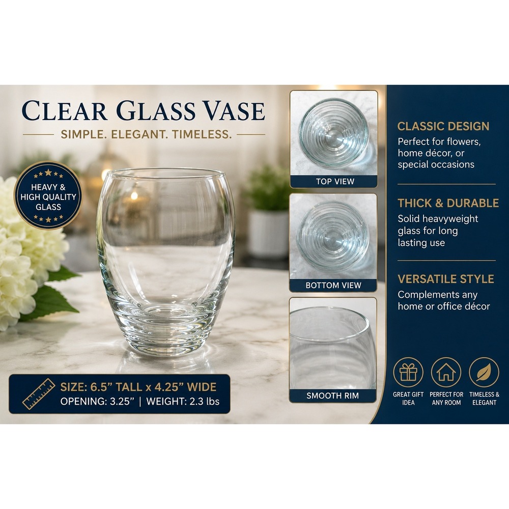 Clear Glass Ribbed Tapered Oval Flower Vase 8.5 Inch Tall Decorative Home Decor